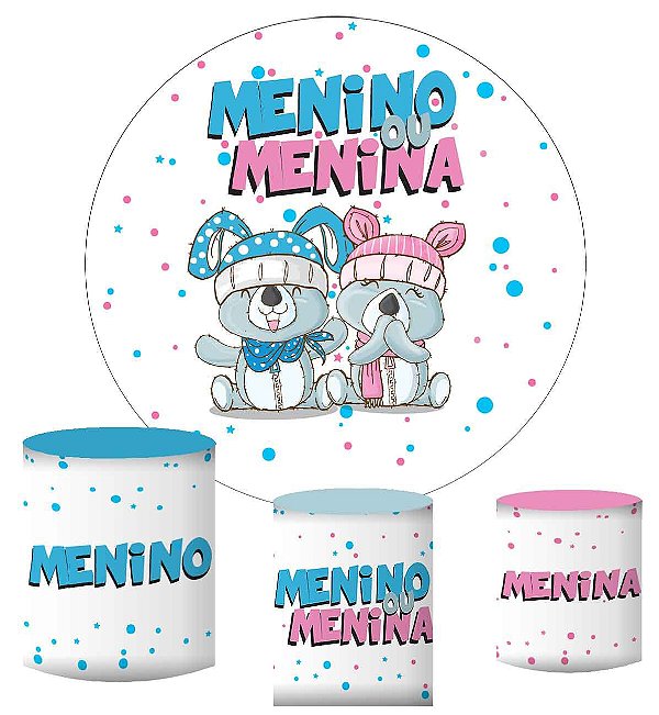 Kit Painel Redondo De Festa e Capas de Cilindro em tecido sublimado Revelação Menino Menina