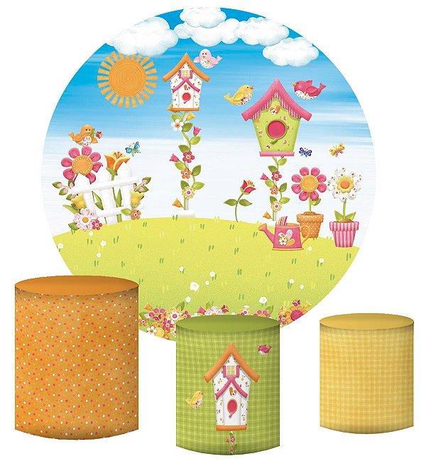 Kit Painel Redondo De Festa e Capas de Cilindro em tecido sublimado Passarinhos Casinha
