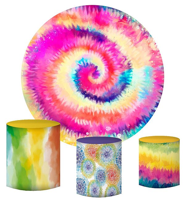 Kit Painel Redondo De Festa e Capas de Cilindro em tecido sublimado Lindo Tie Dye