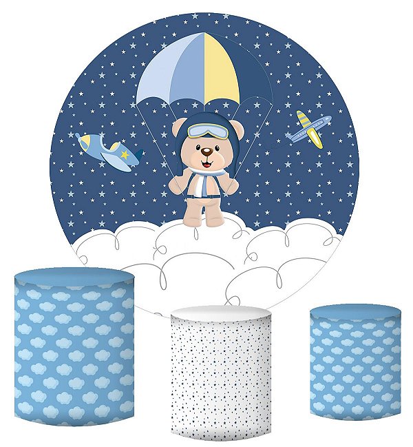 Kit Painel Redondo De Festa e Capas de Cilindro em tecido sublimado Ursinho Aviador Estrelas