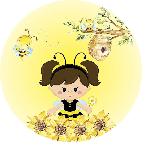 Painel de Festa Redondo em Tecido Sublimado Menina e Abelhinhas