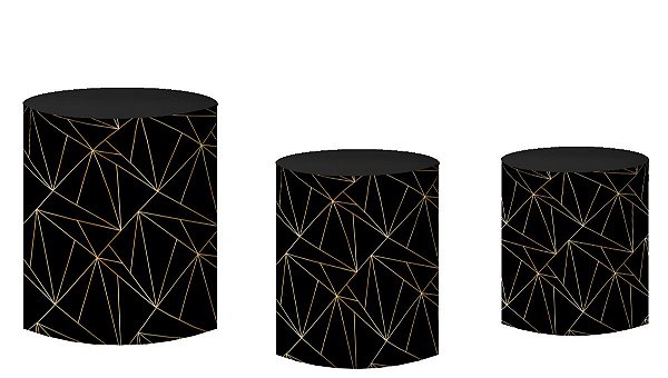 Kit Capas de Cilindro de festa em tecido sublimado Geométrico Preto e Dourado
