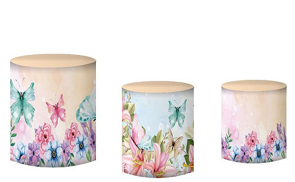 Kit Capas de Cilindro de festa em tecido sublimado Flores e Borboletas