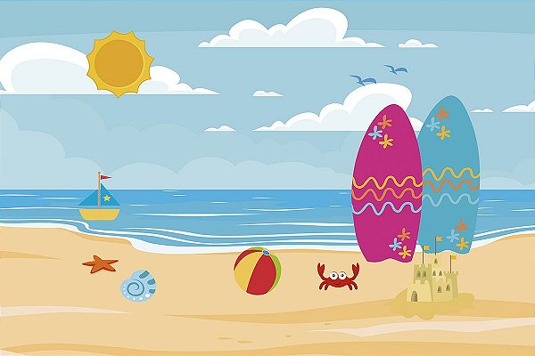 Painel de Festa em Tecido Sublimado 3d Praia e Pranchas Cute
