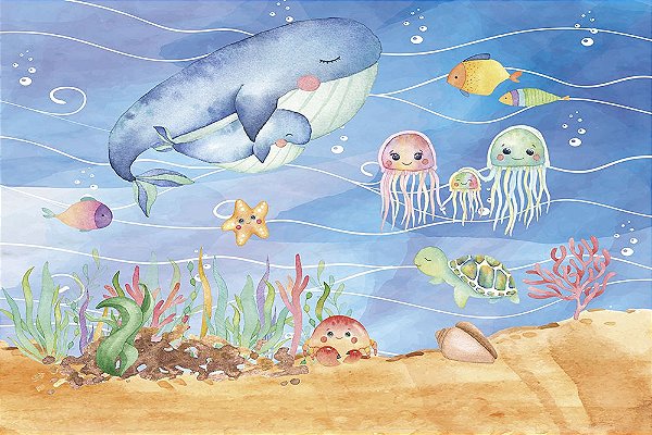 Painel de Festa em Tecido Sublimado 3d Fundo do Mar Aquarelado