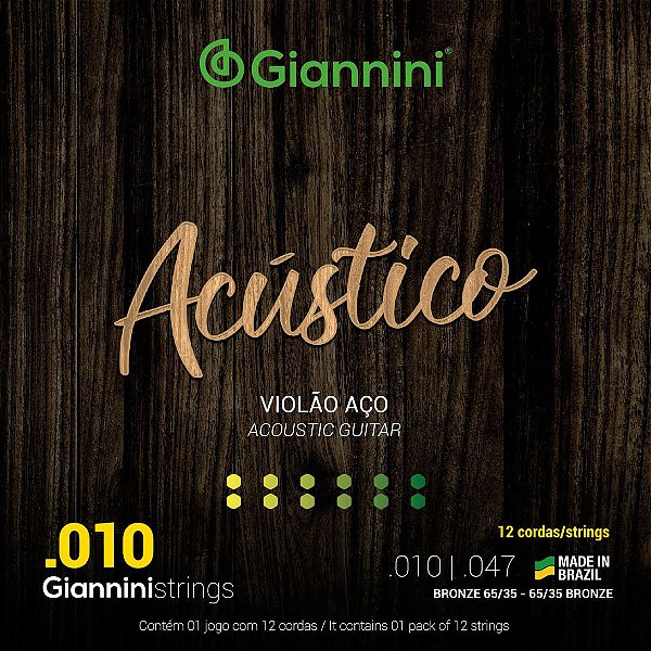 Encordoamento para Violão Aço 12 cordas Giannini® Acústico Bronze 65/35 GESWA12 (.010 – .047)