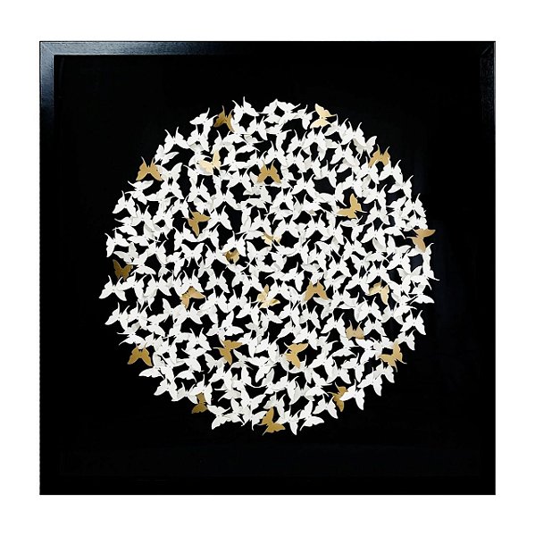 Quadro Preto com Borboletas Brancas e Douradas 0,80X0,80