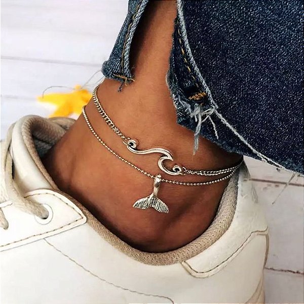 TORNOZELEIRA DUPLA PINGENTE ONDA DO MAR E CAUDA BALEIA