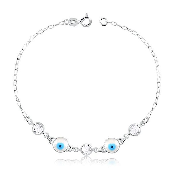 PULSEIRA ELOS COM ZIRCÔNIA PONTO DE LUZ E OLHO GREGO - PRATA 925