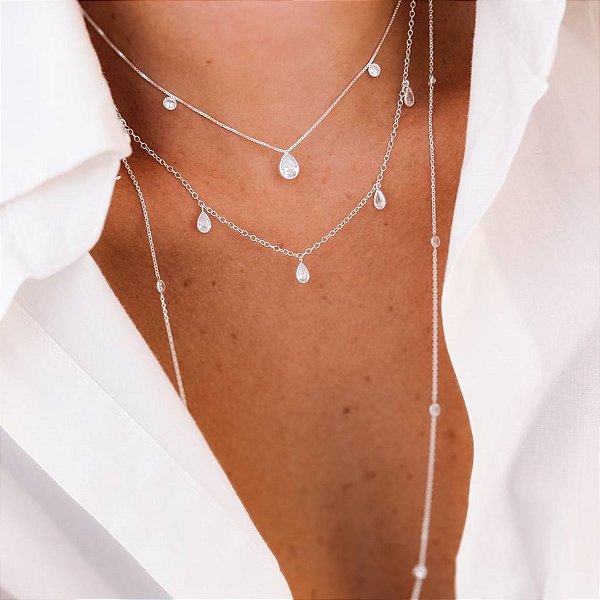 CHOKER GARGANTILHA ELO COM PINGENTES FORMATO GOTA ZIRCÔNIA PONTO DE LUZ CRISTAL- PRATA 925
