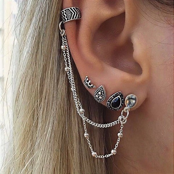 KIT DE BRINCOS COM EAR CUFF TRIBAL BOHO BRINCO COROA E PEDRINHA PRETA