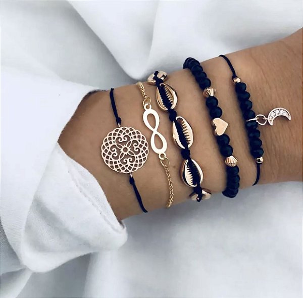 KIT 5 PULSEIRAS DOURADA PINGENTE MANDALA INFINITO BÚZIOS CORAÇÃO E LUA