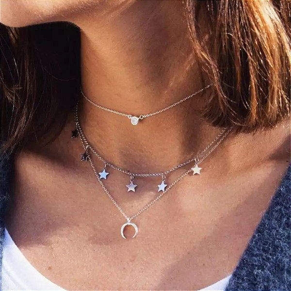 COLAR CHOKER 3 FIOS EM UM COM PINGENTE PONTO DE LUZ ESTRELA E LUA / CHIFRE