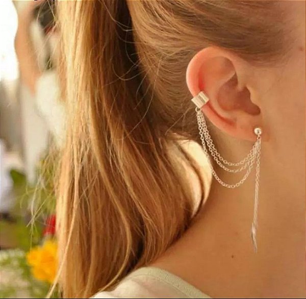 EAR CUFF CORRENTES COM PINGENTE DE FOLHA PENA DOURADO
