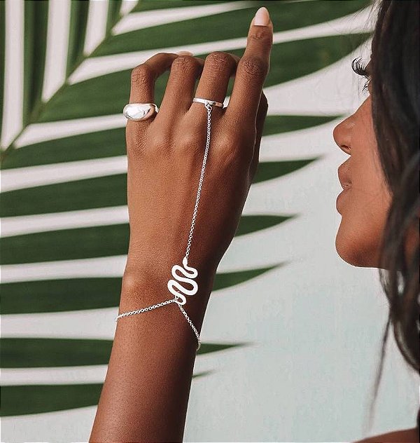 HAND CHAIN PULSEIRA DE MÃO SERPENTE COBRA PINGENTE BOHO BALI  AJUSTÁVEL - PRATA 925