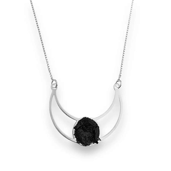 GARGANTILHA CHOKER MEIA LUA PEDRA NATURAL TURMALINA NEGRA BOHO BALI - PRATA 925