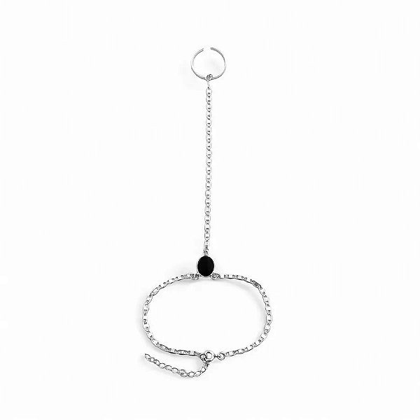 HAND CHAIN PULSEIRA DE MÃO COM PEDRA ONIX ANEL BOHO BALI  AJUSTÁVEL - PRATA 925