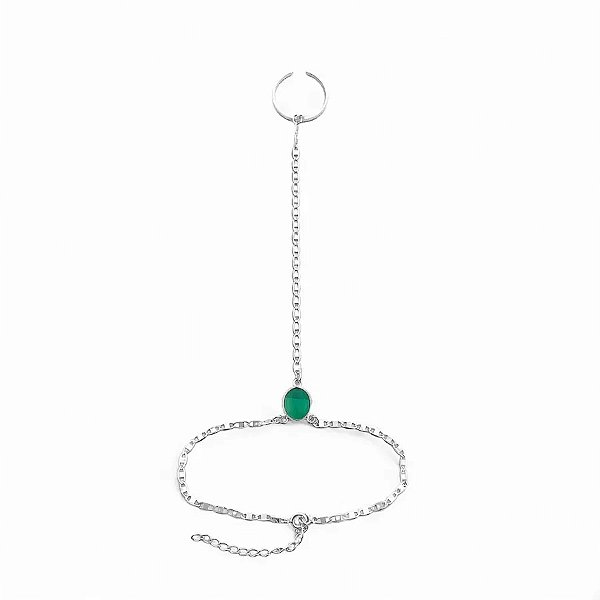 HAND CHAIN PULSEIRA DE MÃO COM PEDRA TURMALINA TURQUESA VERDE ANEL BOHO BALI  AJUSTÁVEL - PRATA 925