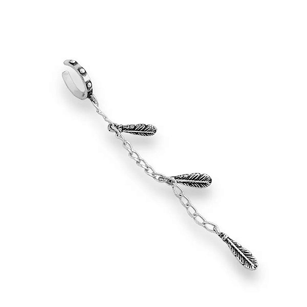 PIERCING EAR CUFF BRINCO CARTILAGEM DE PRESSÃO FOLHA NATUREZA PENAS TRIBAL BOHO INDIANO REGULÁVEL BALI - PRATA 925