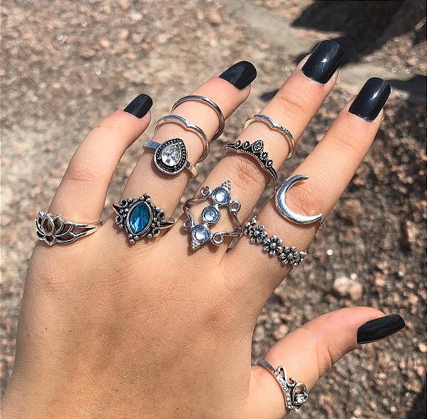 KIT DE ANÉIS LOREN COM PEDRAS BRANCAS