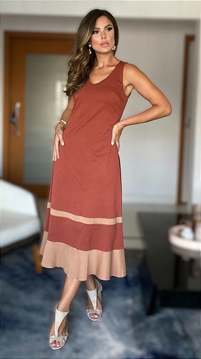 Vestido Viscose Midi Canela Decote V
