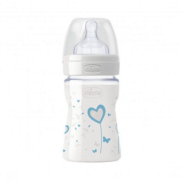 Mamadeira de Vidro Chicco Estampa Corações, 150ml, Transparente, Bico de silicone Well Being 0m+, Anticólica e Antirefluxo