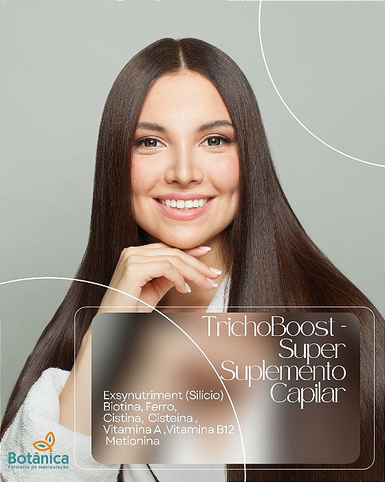 TrichoBoost - Super Suplemento para Crescimento Capilar com Exsynutriment (Silício) 200mg, Biotina 10mg, Ferro 20mg, Cistina 50mg, Cisteína 50mg, Vitamina A 5000ui, Vitamina B12 1000mcg, Metionina 200mg