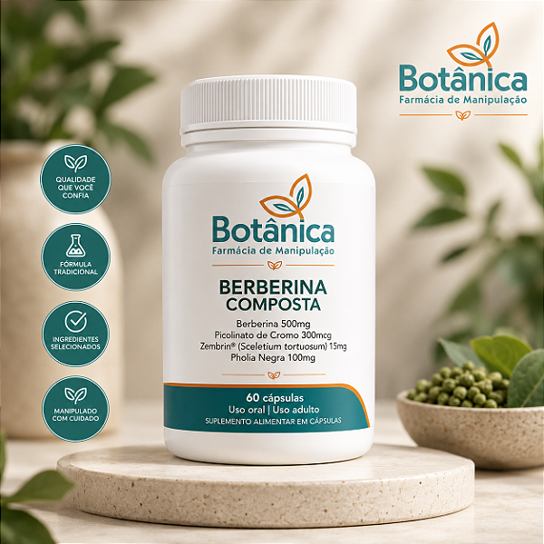 Berberina Composta - Berberina 500mg, Picolinato de Cromo 300mcg, Zembrin (Sceletium tortuosum) 15mg, Pholia Negra 100mg