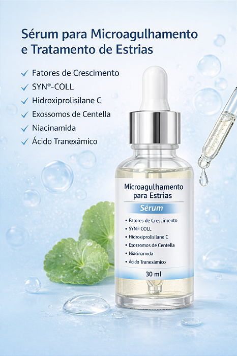 Microagulhamento para Estrias - Fatores de Crescimento, SYN COLL, HIDROXIPROLISILANE C, Exossomos de Centela, Niacinamida, Ácido Tranexâmico, Sérum 30ml