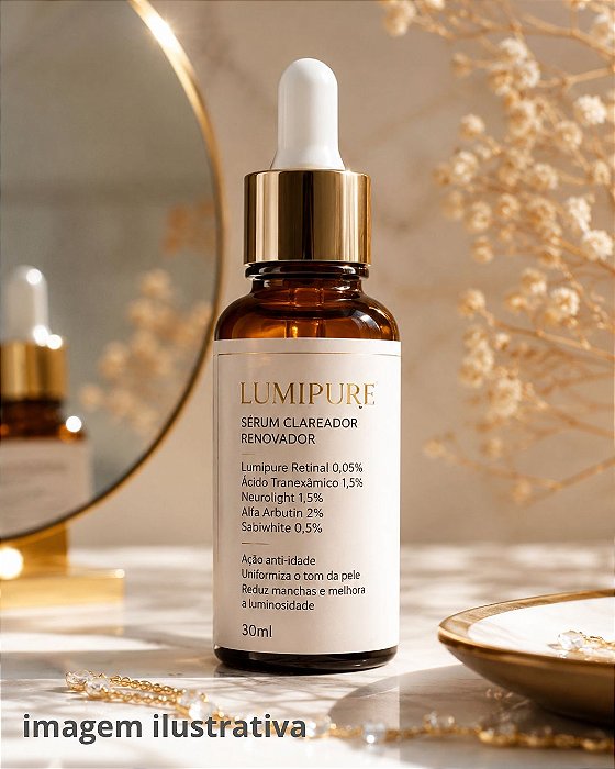 Clareador com Lumipure Retinal Retinaldeído 0,05%, Ácido Tranexâmico 1,5%, Neurolight 1,5%, Alfa Arbutin 2%, Sabiwhite 0,5% Sérum 30ml
