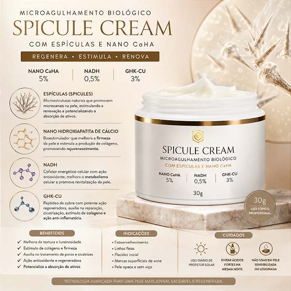 Microagulhamento Biológico com Espículas e Nano CaHA - Nano Hidroxiapatita de Cálcio 5%, Nadh 0,5%, GHK-CU 3% Spicule Cream 30g