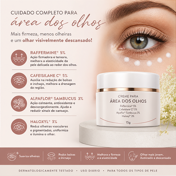 Creme para área dos olhos Raffermine 5%, Cafeisilane C 5%, Alpaflor Sambucus 3%, Haloxyl 3% 15g
