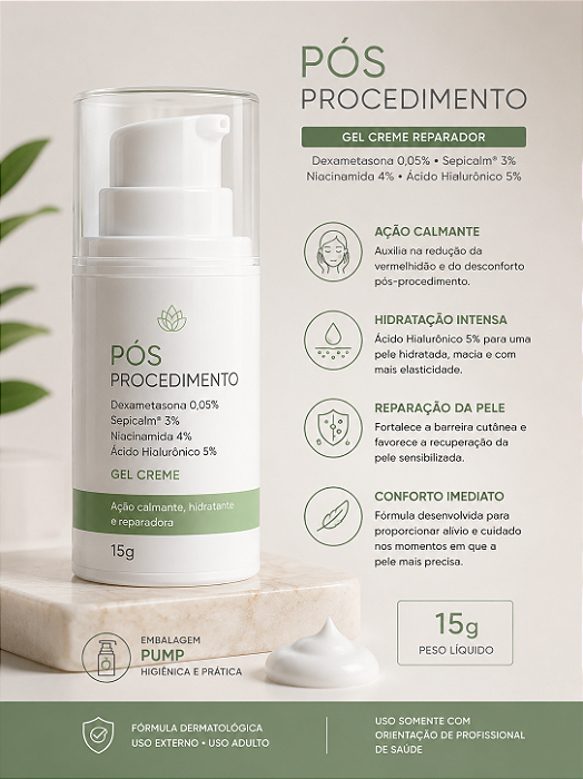 Pós Procedimento Reparador com Dexametasona 0,05%, Sepicalm 3%, Niacinamida 4%, Ácido Hialurônico 5% gel creme 15g