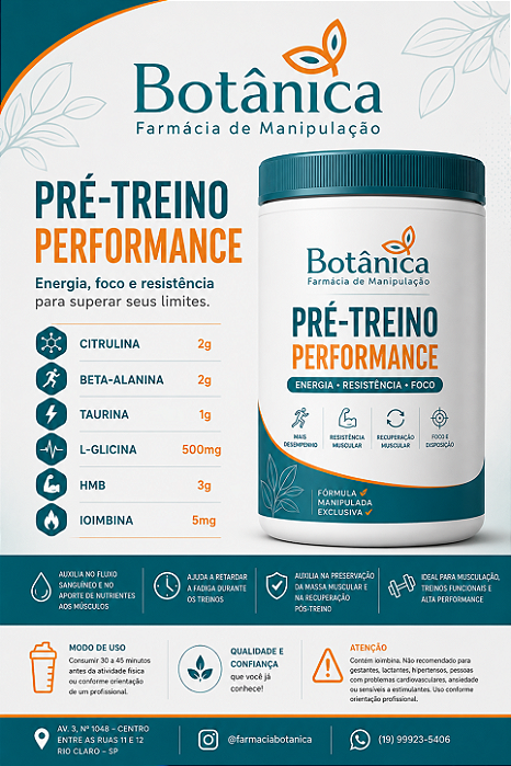 Pré Treino Performance - Citrulina 2g, Beta-Alanina 2g, Taurina 1g, L-glicina 500mg, HMB 3g, Ioimbina 5mg - Energia, Resistência e Recuperação