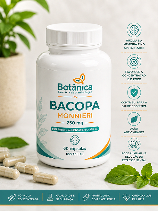 Bacopa Monnieri 250 mg – Melhora Memória, Concentração e Desempenho cognitivo 60 cápulas
