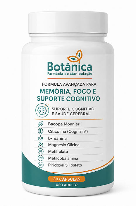 Fórmula Avançada para Memória, Foco e Suporte Cognitivo com Bacopa Monnieri • Citicolina (Cognizin) • L-Teanina • Magnésio Glicina • Metilfolato • Metilcobalamina • Piridoxal 5 Fosfato 30 cápsulas