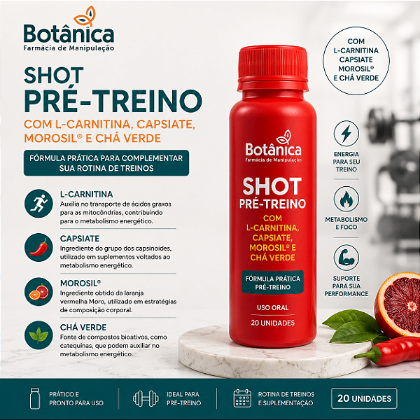 Shot Pré-Treino com L-Carnitina, Capsiate, Morosil® e Chá Verde – 20 unidades