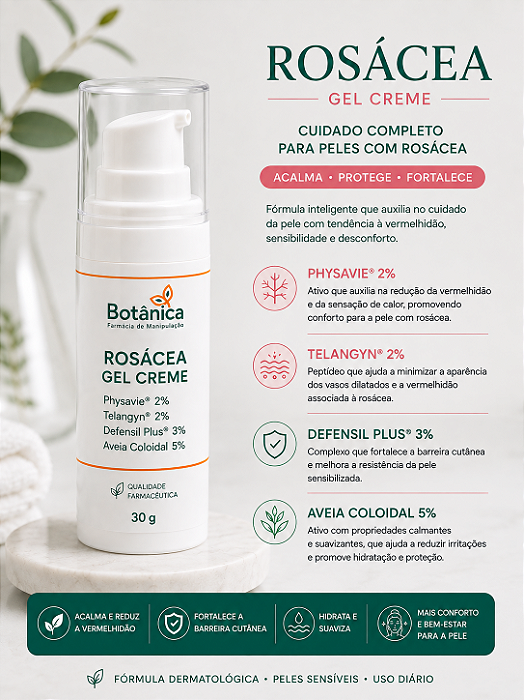 Rosácea Gel Creme - Physavie 2%, Telangyn 2%, Defensil Plus 3%, Aveia Coloidal 5% 30g