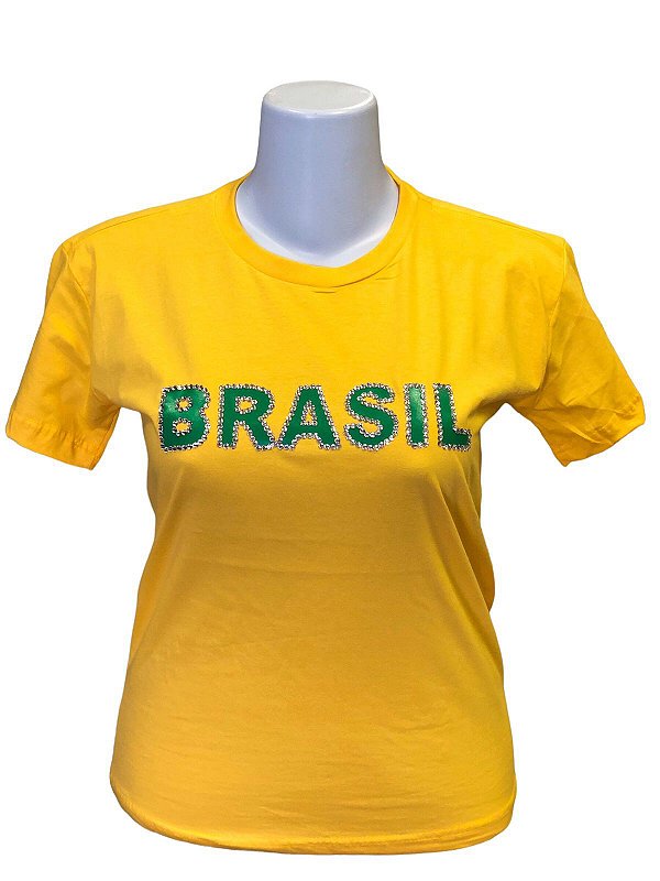 Camiseta Blusinha Feminina Brasil Estampada Strass Decorada
