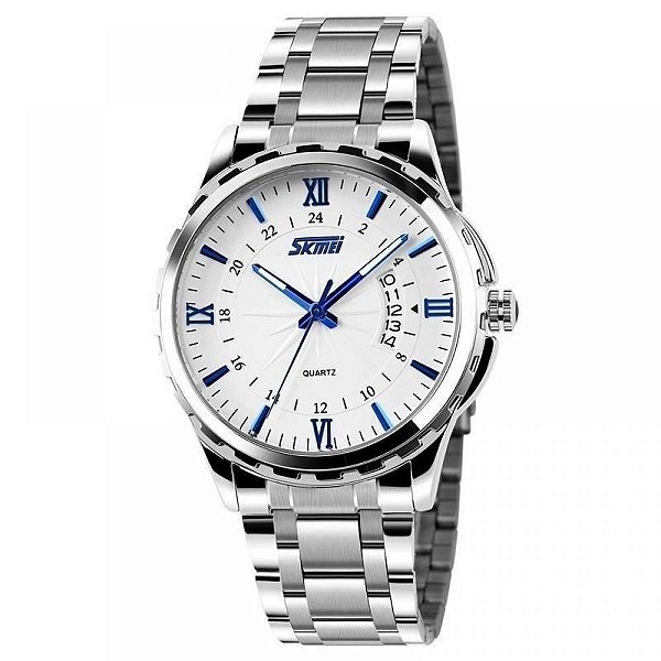 Relógio Masculino Skmei Analógico 9069 - Prata, Branco e Azul
