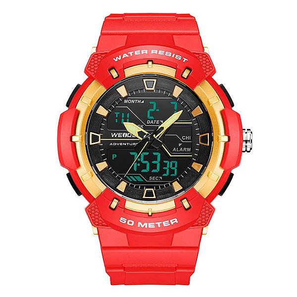 Relógio Masculino Weide AnaDigi Wa3J8008 - Vermelho e Dourado
