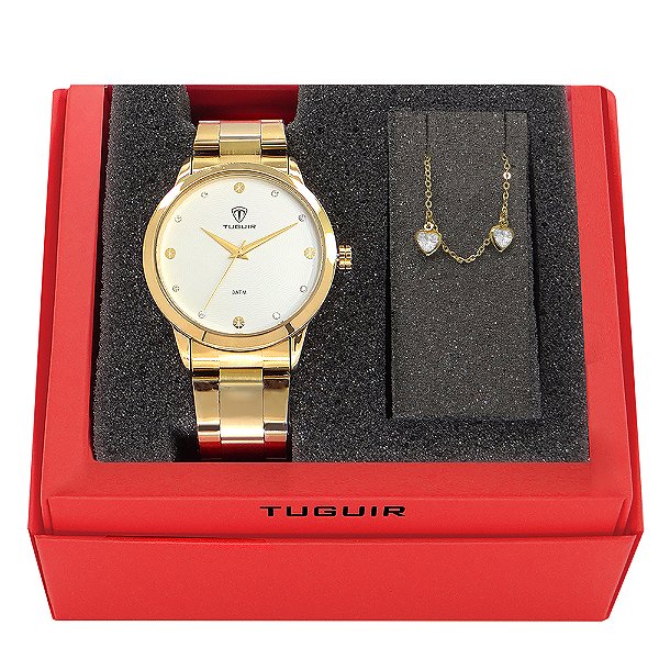 Kit Relógio Feminino Tuguir Analógico TG115 Dourado com Brinde