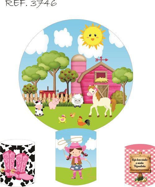 Painel Redondo Sublimado Fazendinha + Trio de Cilindros Veste Fácil