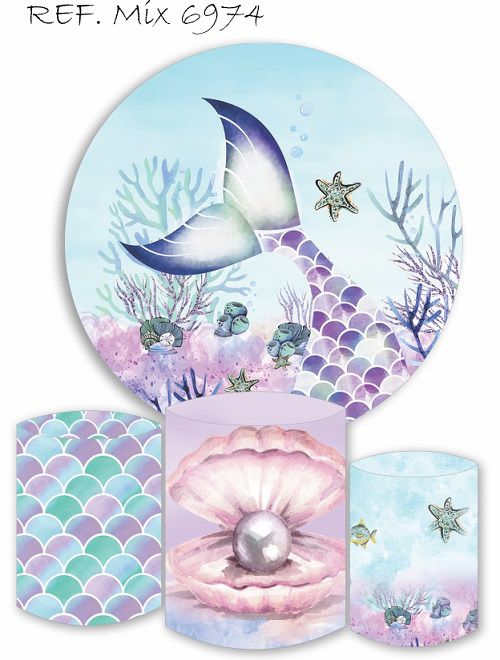 Painel Redondo Sublimado Sereia + Trio de Cilindros Veste Fácil
