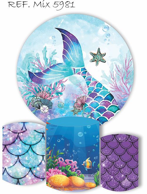 Painel Redondo Sublimado Sereia + Trio de Cilindros Veste Fácil