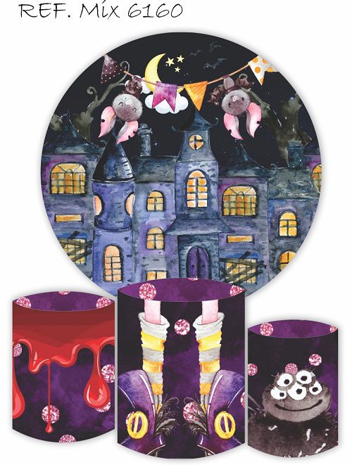 Painel Redondo Sublimado Halloween + Trio de Cilindros Veste Fácil