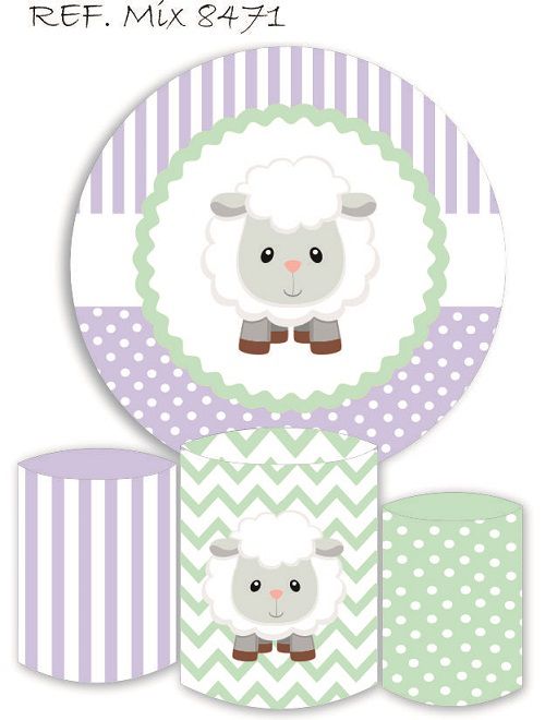 Painel Redondo Sublimado Ovelhinha + Trio de Cilindros Veste Fácil