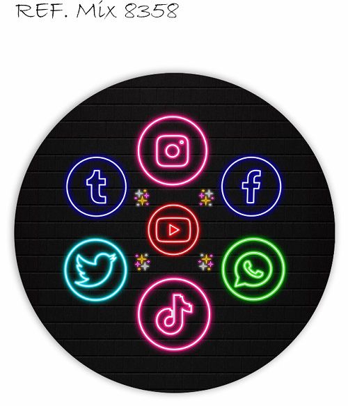 Painel Festa Redondo Sublimado Redes Sociais Neon C/elástico