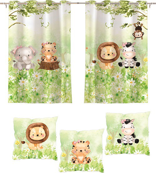 Kit Cortina Quarto Safari + 3 Capas Almofadas 2,60 X 1,50