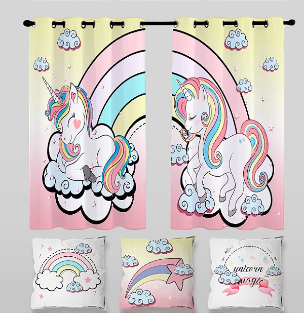 Kit Cortina Quarto Unicórnio + 3 Capas Almofadas 2,60 X 1,50